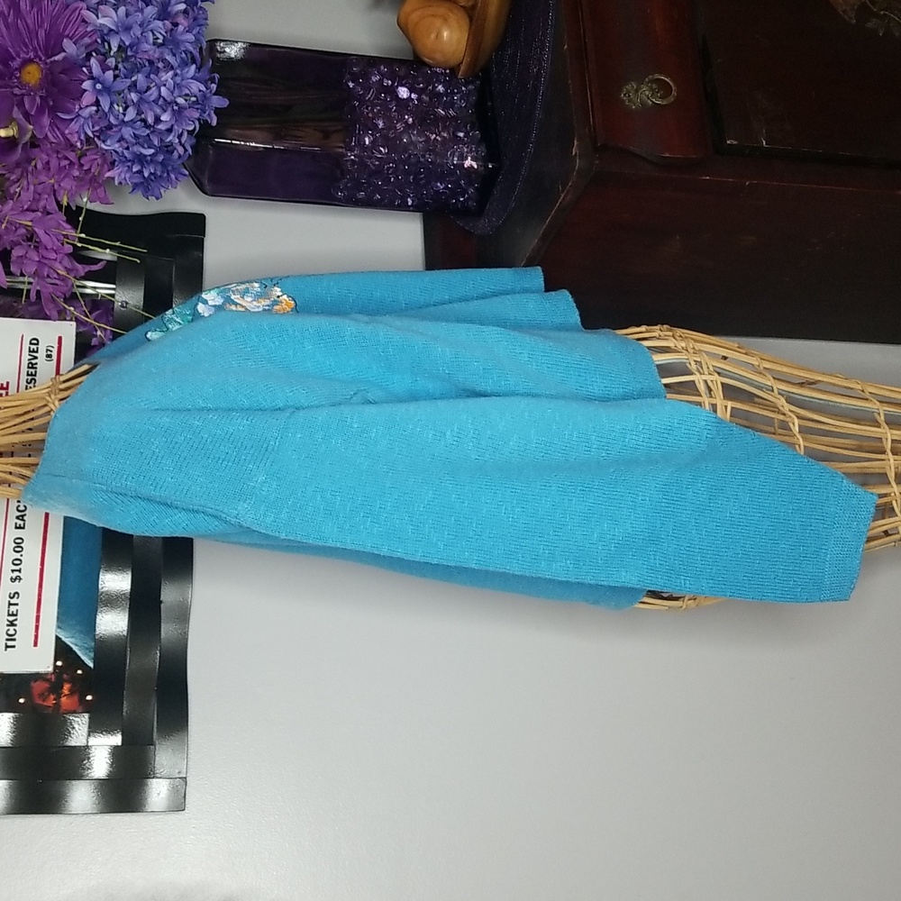 Large Aqua Blue Handpainted Fish Long Sleeve Light Knit Cotton Sweater - Picture 4 of 9